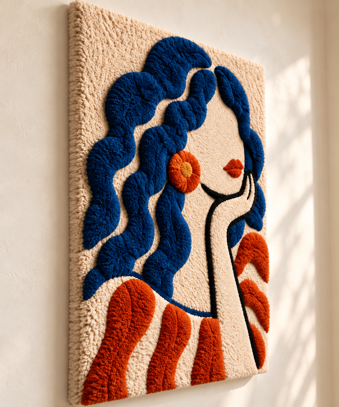 Hewn Earth wall art featuring indigo curls and orange bloom with vibrant, abstract floral design on canvas.