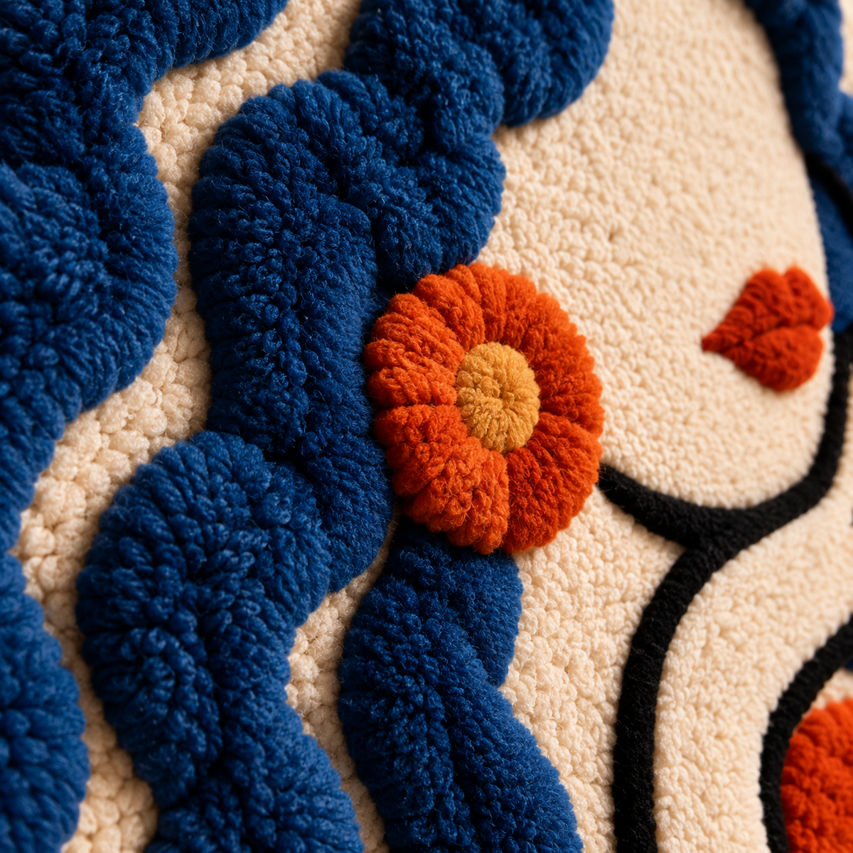 Close-up of Hewn Earth wall art featuring vibrant indigo curls and bright orange bloom in detailed, textured design.