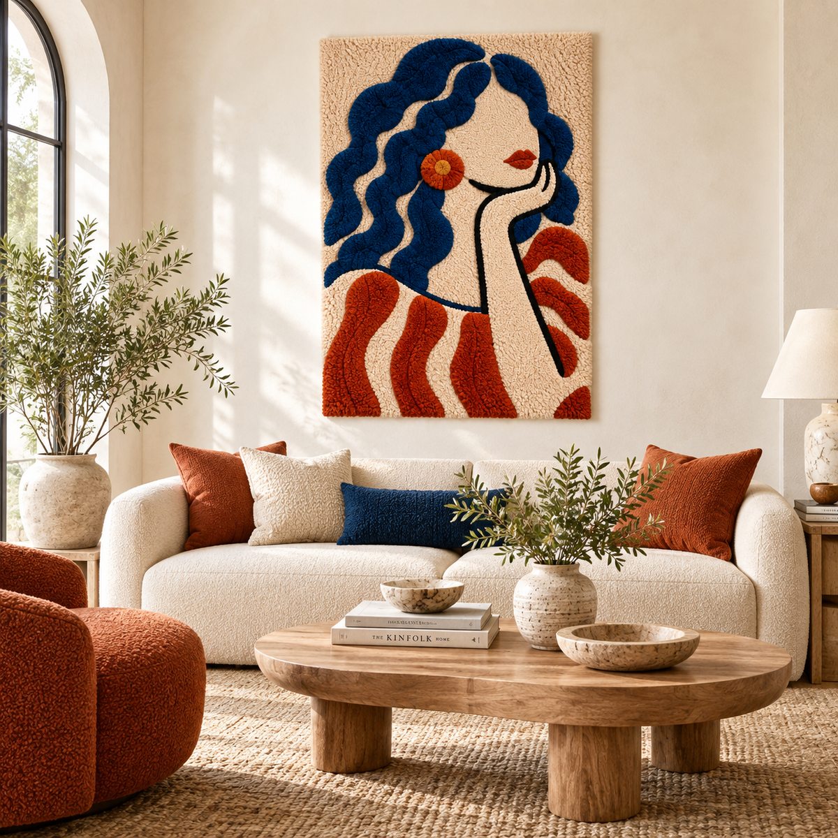 Hewn Earth wall art featuring indigo curls and orange bloom with vibrant, abstract floral design for modern home decor.