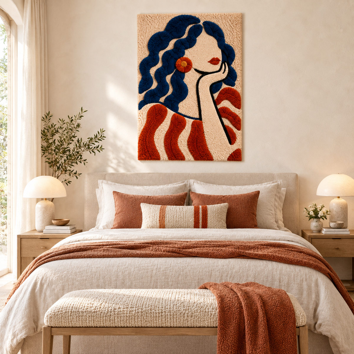 Hewn Earth Indigo Curls and Orange Bloom wall art featuring swirling indigo curls and vibrant orange blooming accents.