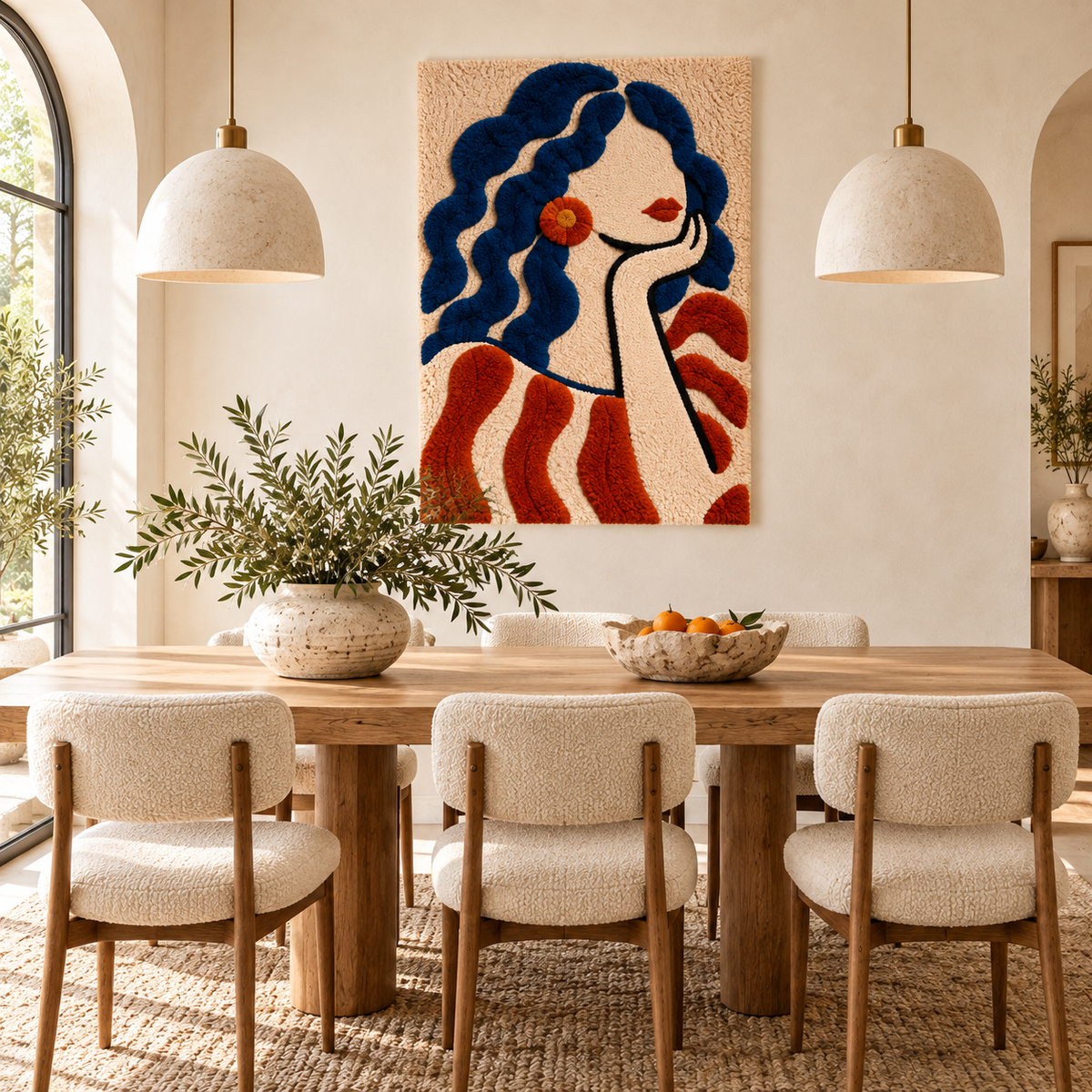 Wall art featuring indigo curls and orange bloom by Hewn Earth, vibrant abstract floral design on a neutral background.