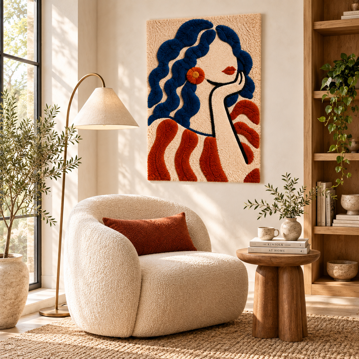 Hewn Earth wall art featuring vibrant indigo curls and orange bloom design on a room wall.