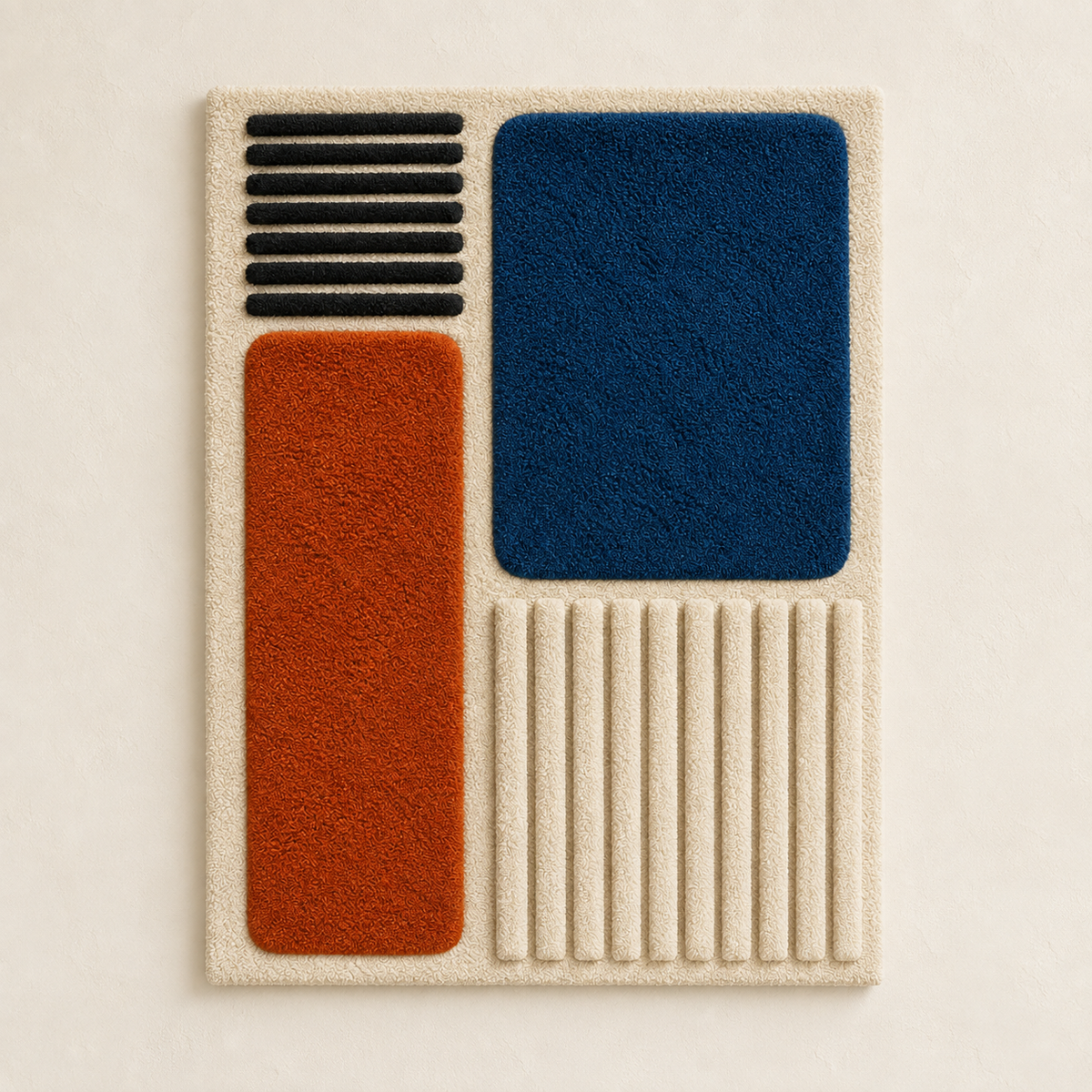 Hewn Earth Indigo Ember Rib Quadrants wall art featuring vibrant, textured indigo and warm ember tones in a modern geometric design.