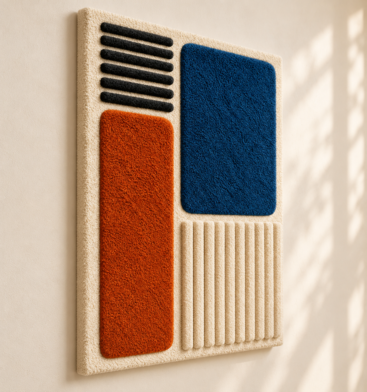 Hewn Earth Indigo Ember Rib Quadrants wall art featuring geometric ribbed patterns in rich indigo color.