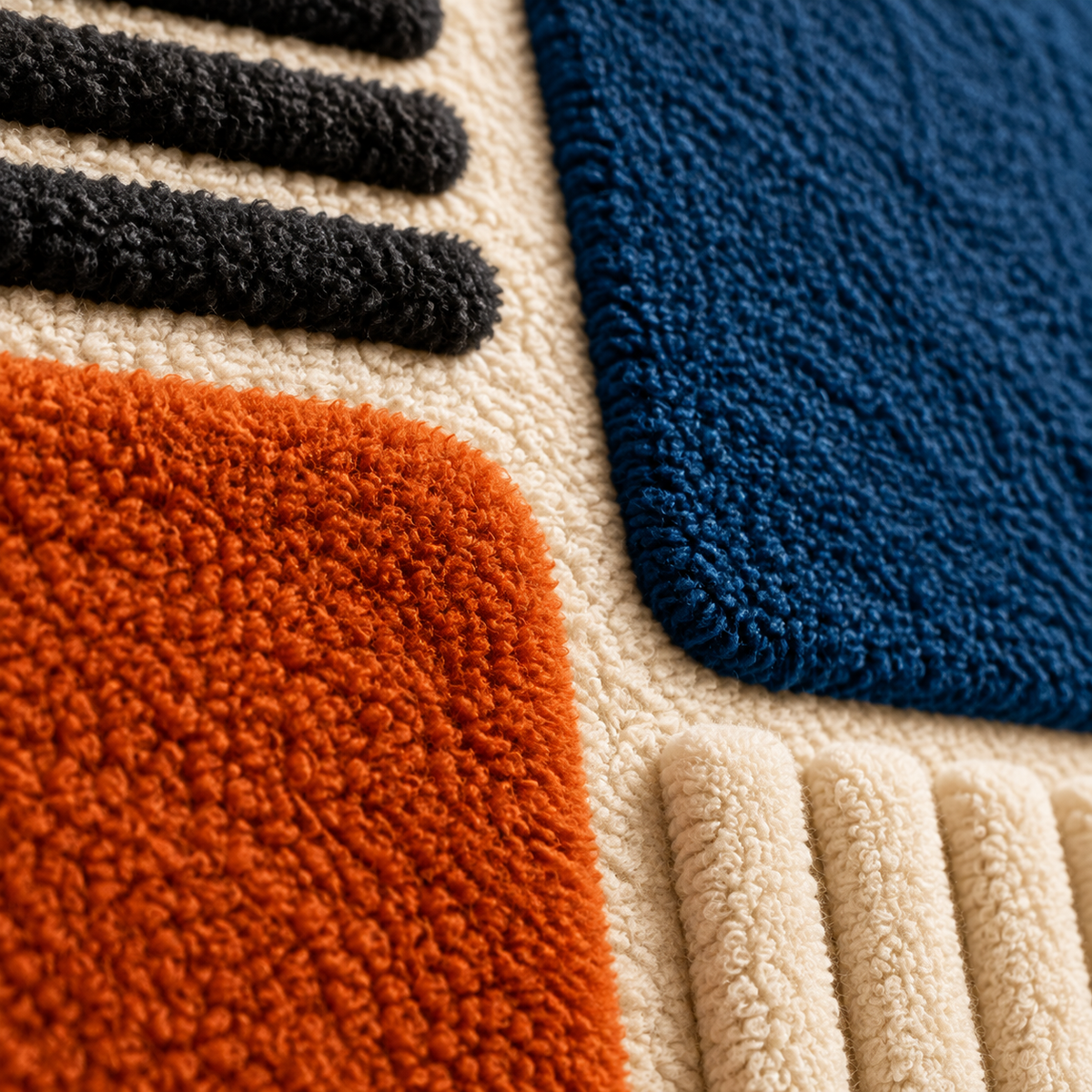 Close-up of Hewn Earth Indigo Ember Rib Quadrants wall art with textured blue and indigo-toned geometric ribbed design.