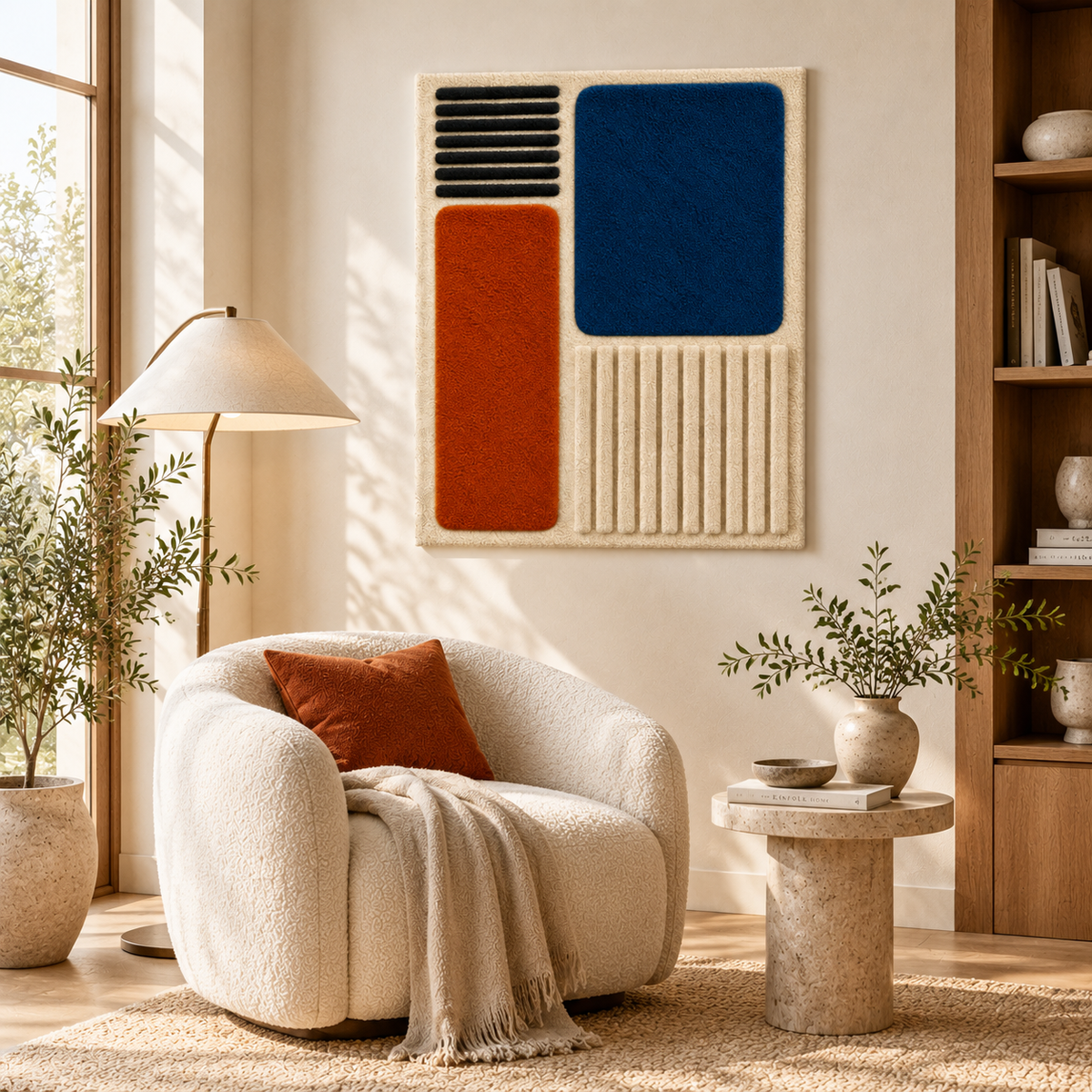 Hewn Earth Indigo Ember Rib Quadrants wall art with vibrant indigo and warm tones, modern geometric design for room decor.