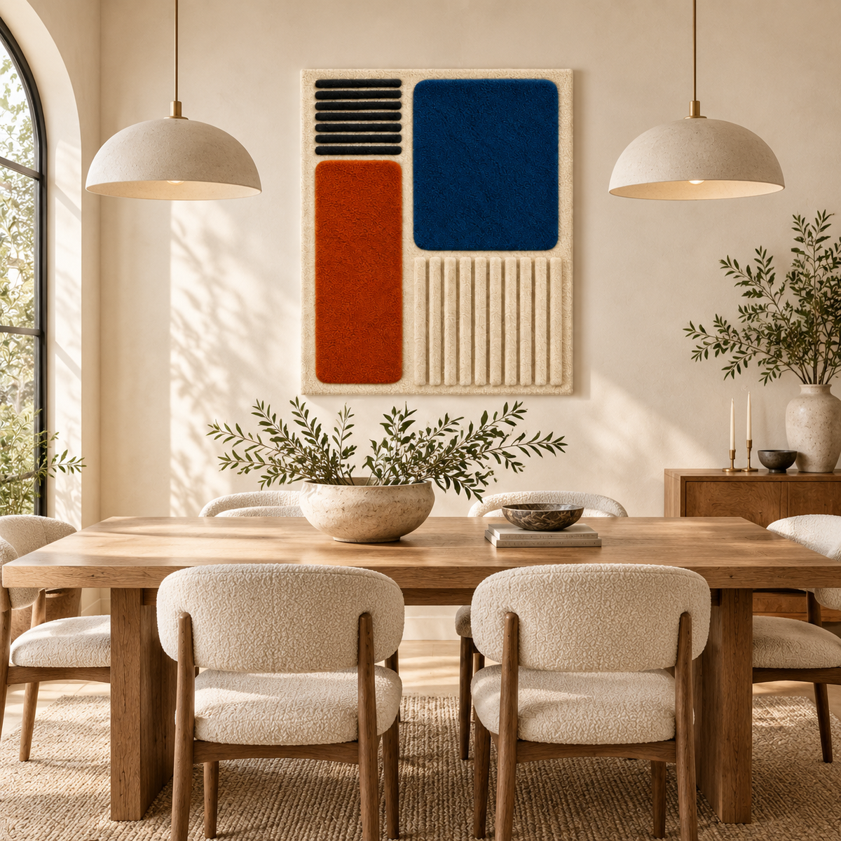 Hewn Earth Indigo Ember Rib Quadrants wall art featuring textured indigo and warm tones, displayed as a decorative room focal point.