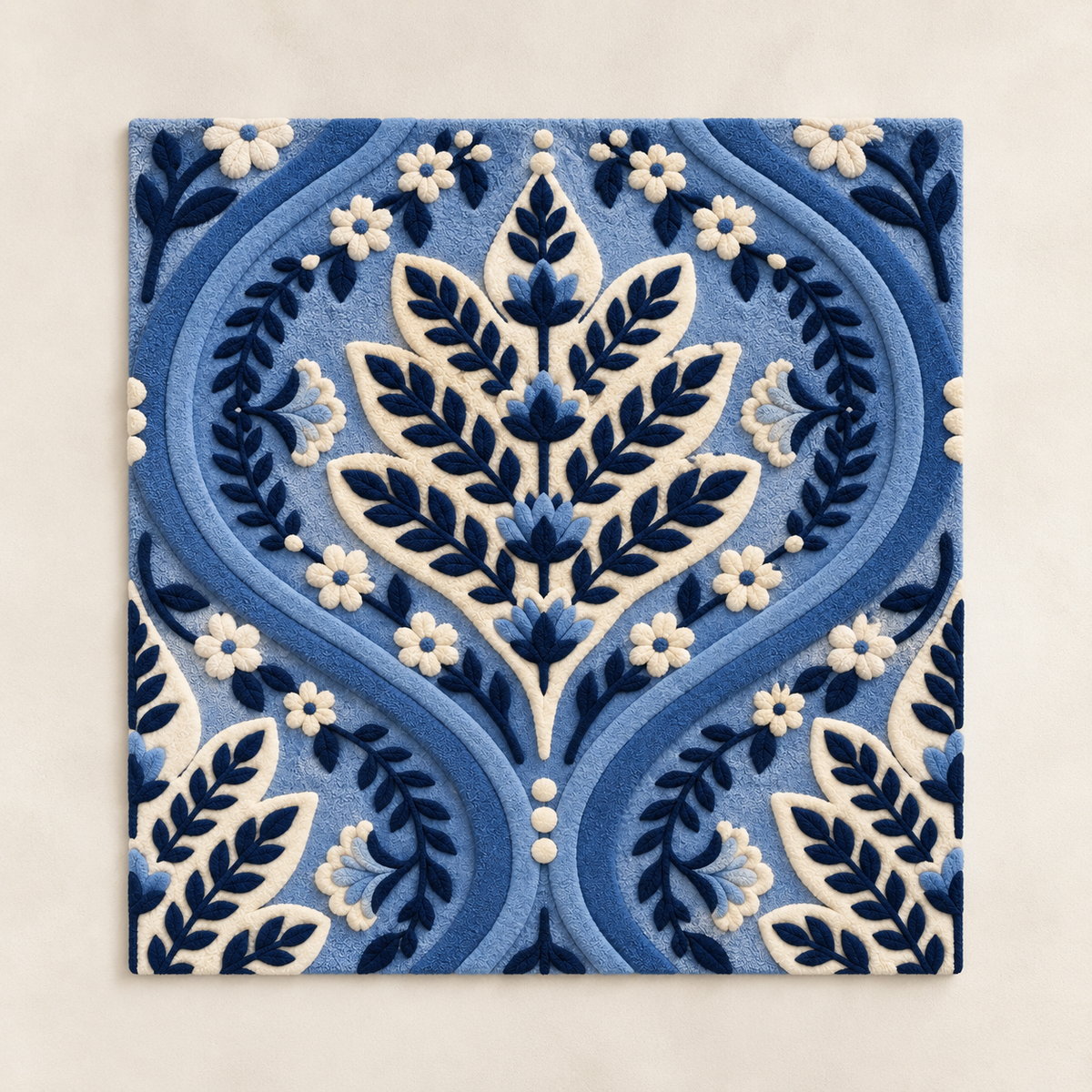 Hewn Earth Indigo Ogee Leafwork wall art featuring intricate leaf patterns in shades of indigo on a light background.