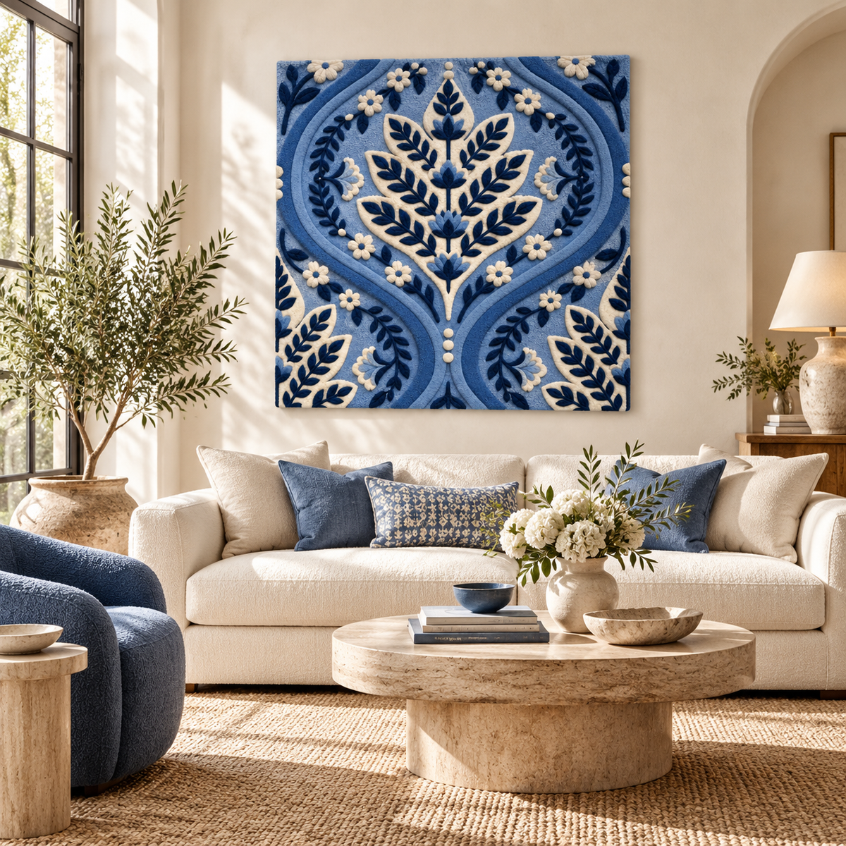Indigo Ogee Leafwork wall art by Hewn Earth featuring intricate leaf pattern on a textured surface.