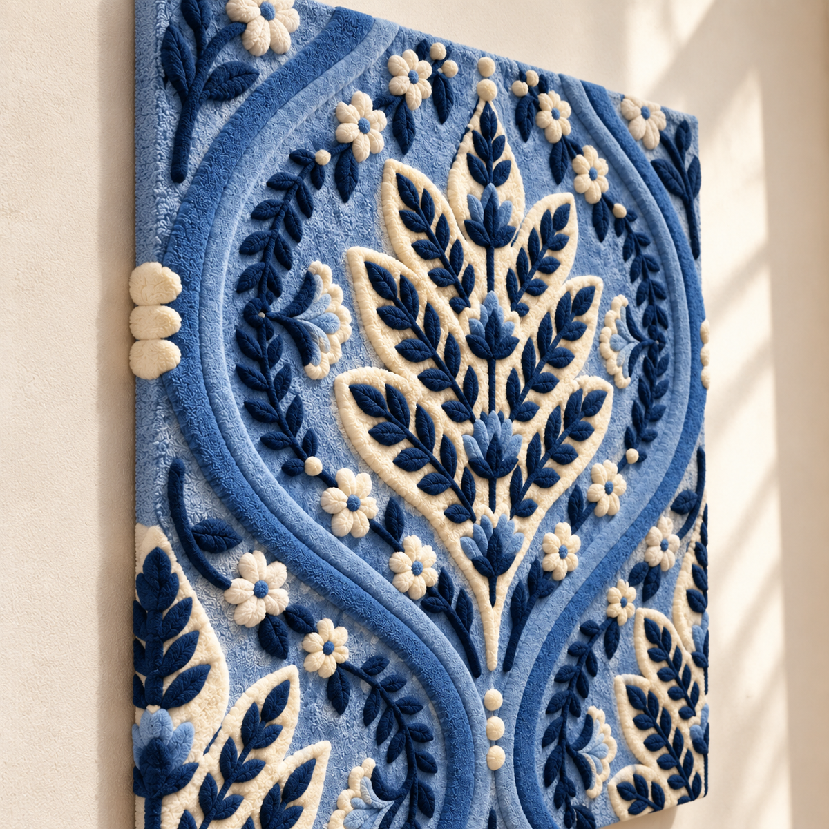 Indigo Ogee Leafwork wall art by Hewn Earth featuring intricate leaf and ogee pattern in vibrant indigo color.