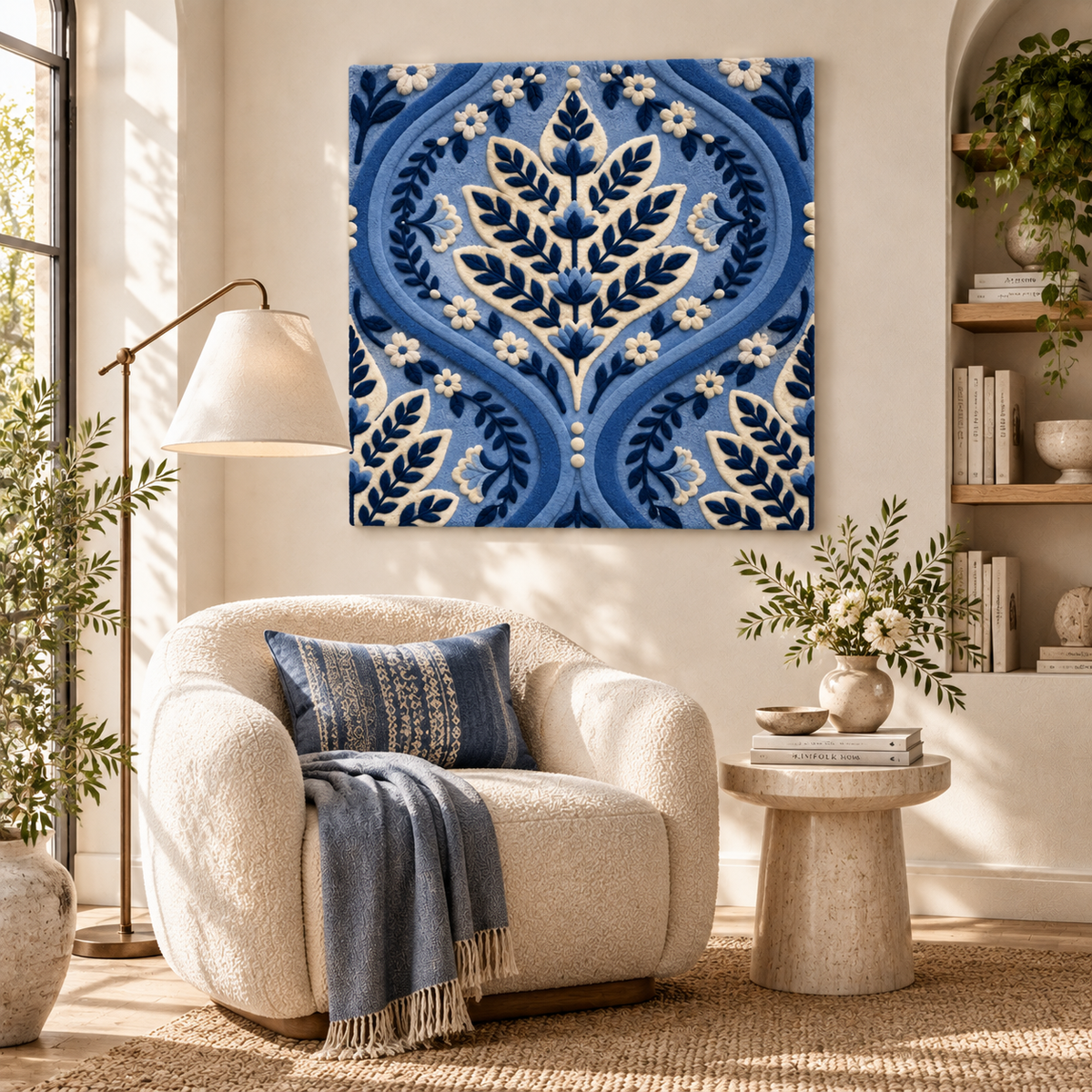 Hewn Earth Indigo Ogee Leafwork wall art displayed on a room wall, featuring intricate leaf pattern in rich indigo tones.