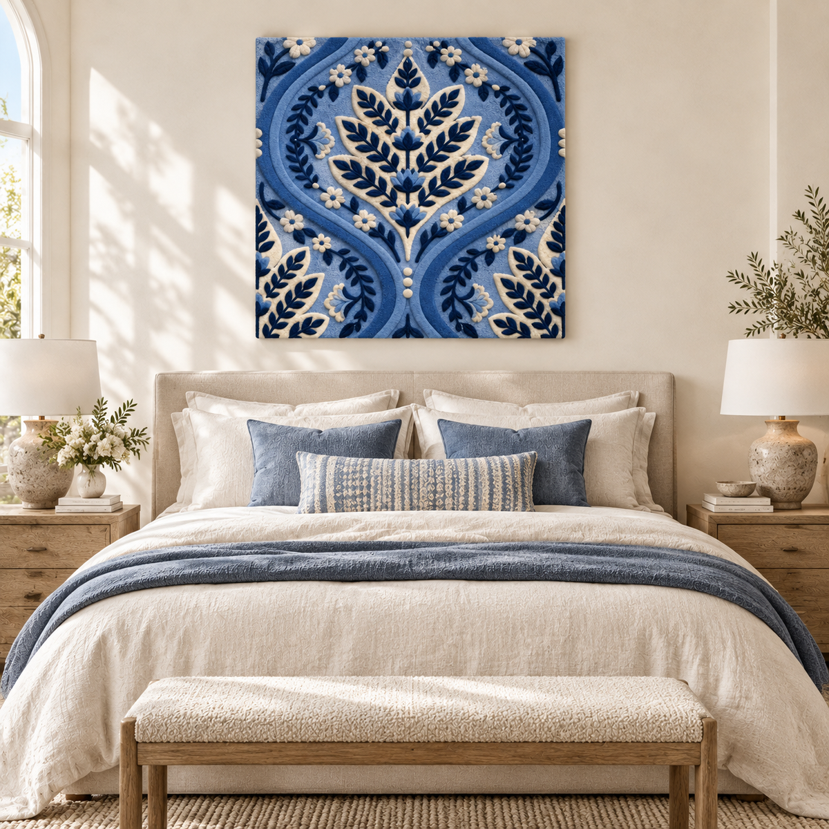 Hewn Earth Indigo Ogee Leafwork wall art displayed in a room with neutral decor, showcasing intricate leaf pattern in indigo tones.