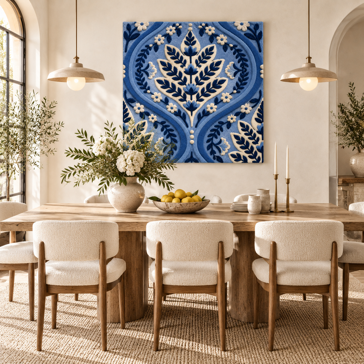 Indigo Ogee Leafwork wall art by Hewn Earth displayed in a room, showcasing intricate leaf pattern and vibrant blue tones.