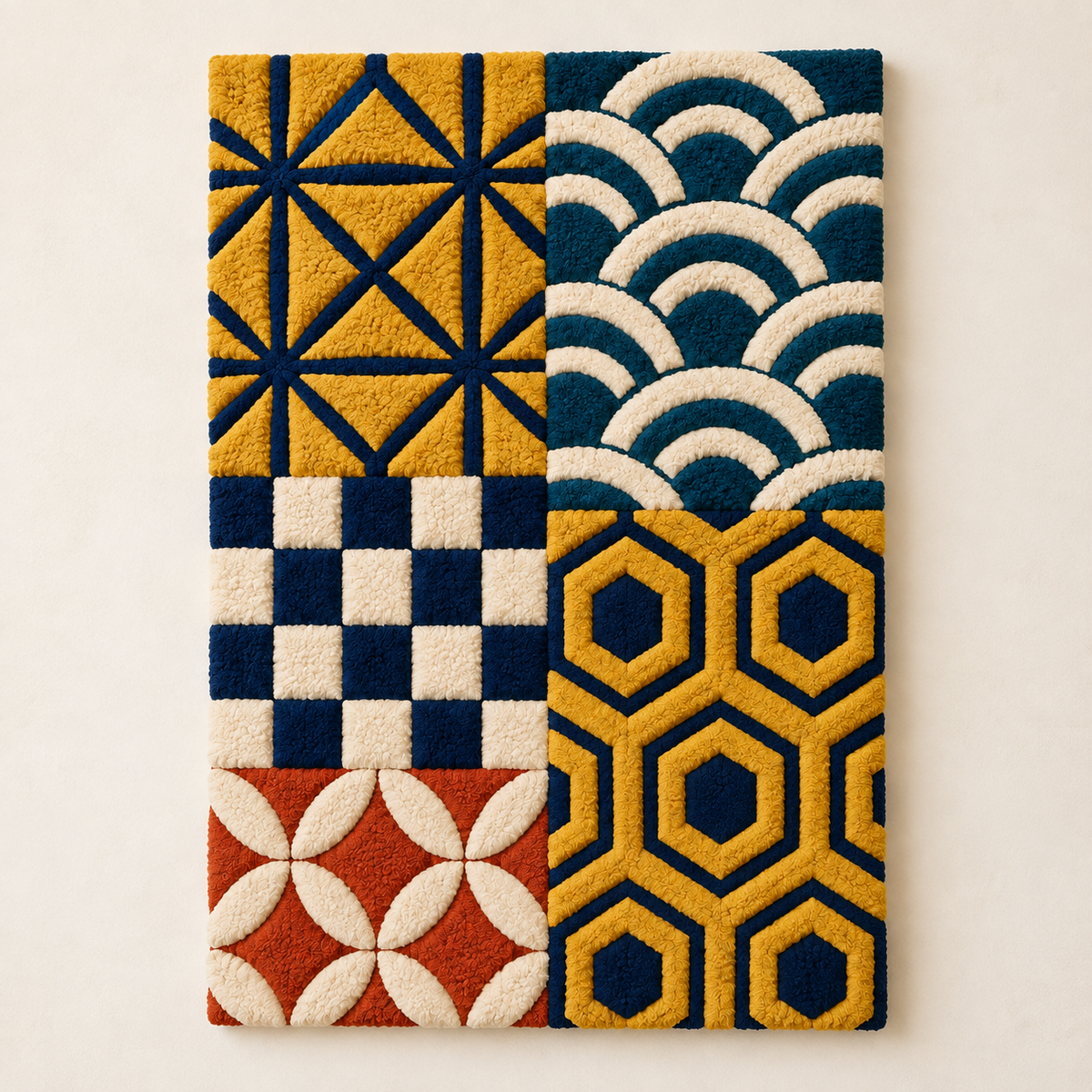 Light-colored wall art featuring an indigo pattern designed for cabinets, by Hewn Earth.
