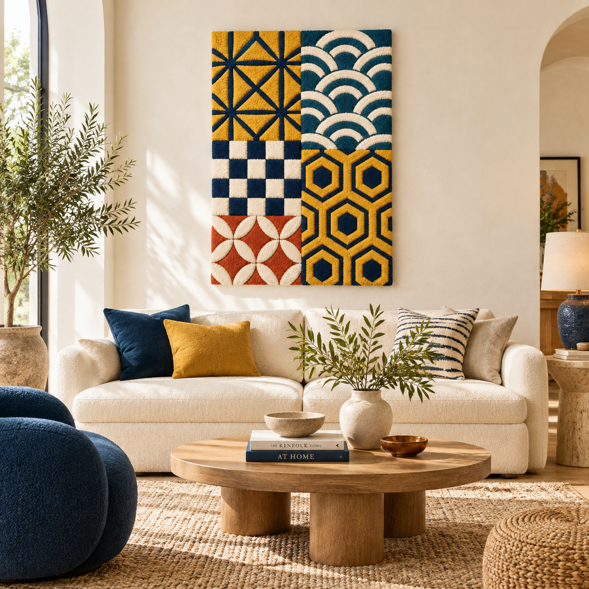 Hewn Earth indigo pattern wall art cabinet with detailed geometric design, showcasing a stylish and modern interior decor piece.