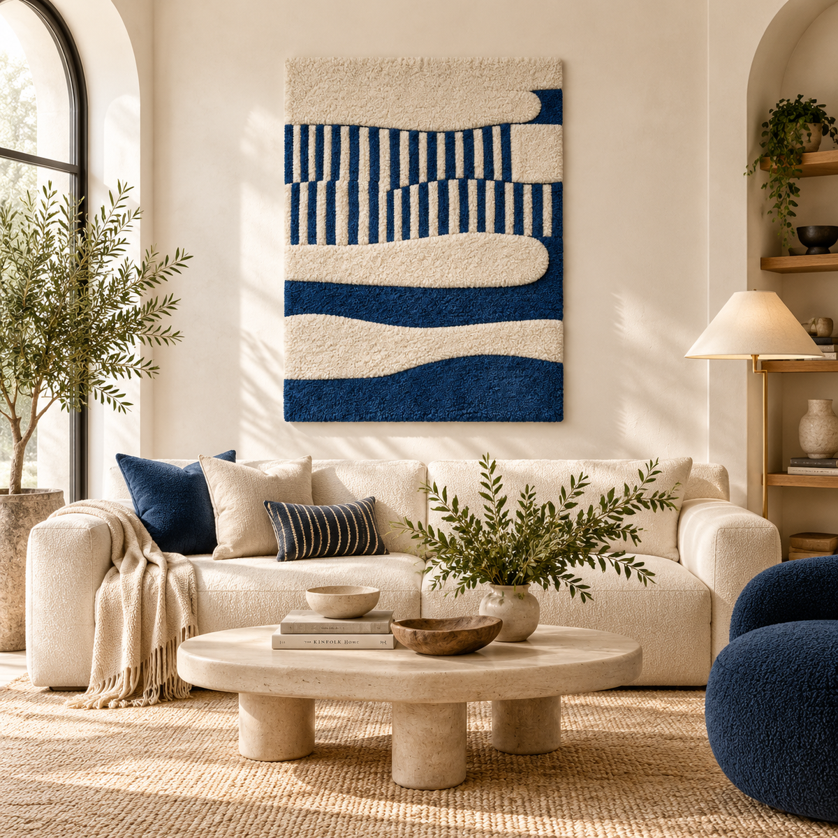 Hewn Earth wall art featuring indigo waves and ivory reeds, abstract nature-inspired design for home decor.