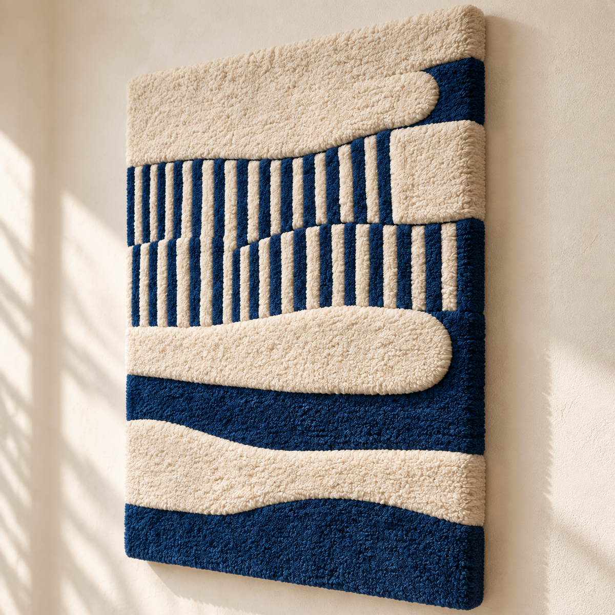 Hewn Earth wall art featuring indigo waves and ivory reeds, showcasing a textured, artistic design for home decor.