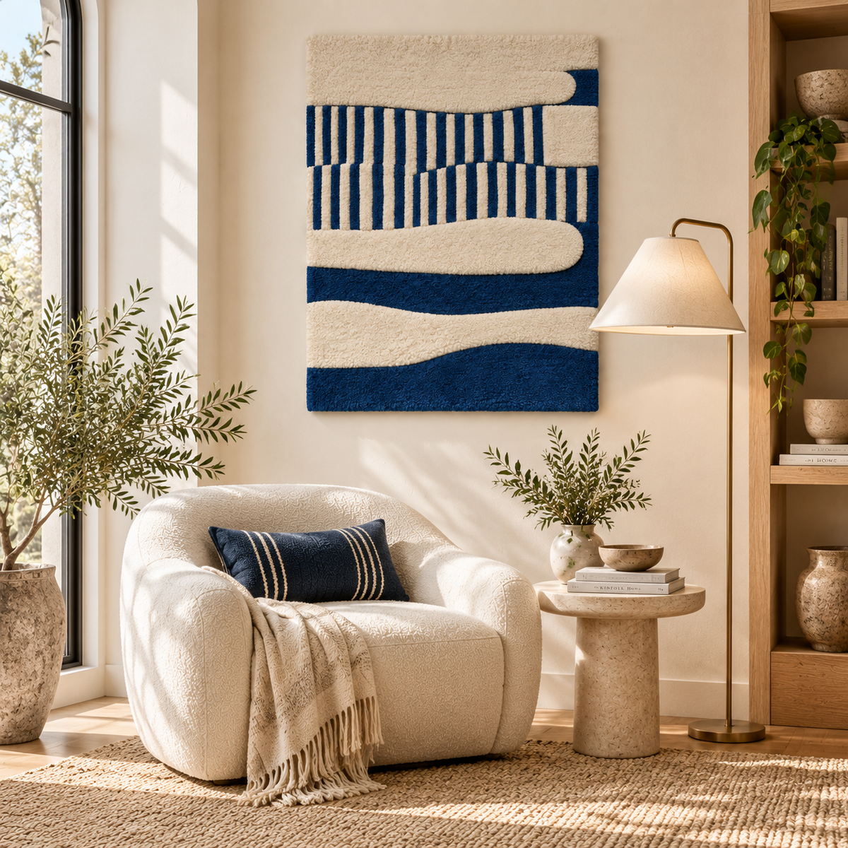 Hewn Earth wall art featuring indigo waves and ivory reeds, displayed on a modern room wall with a tranquil, nature-inspired design.