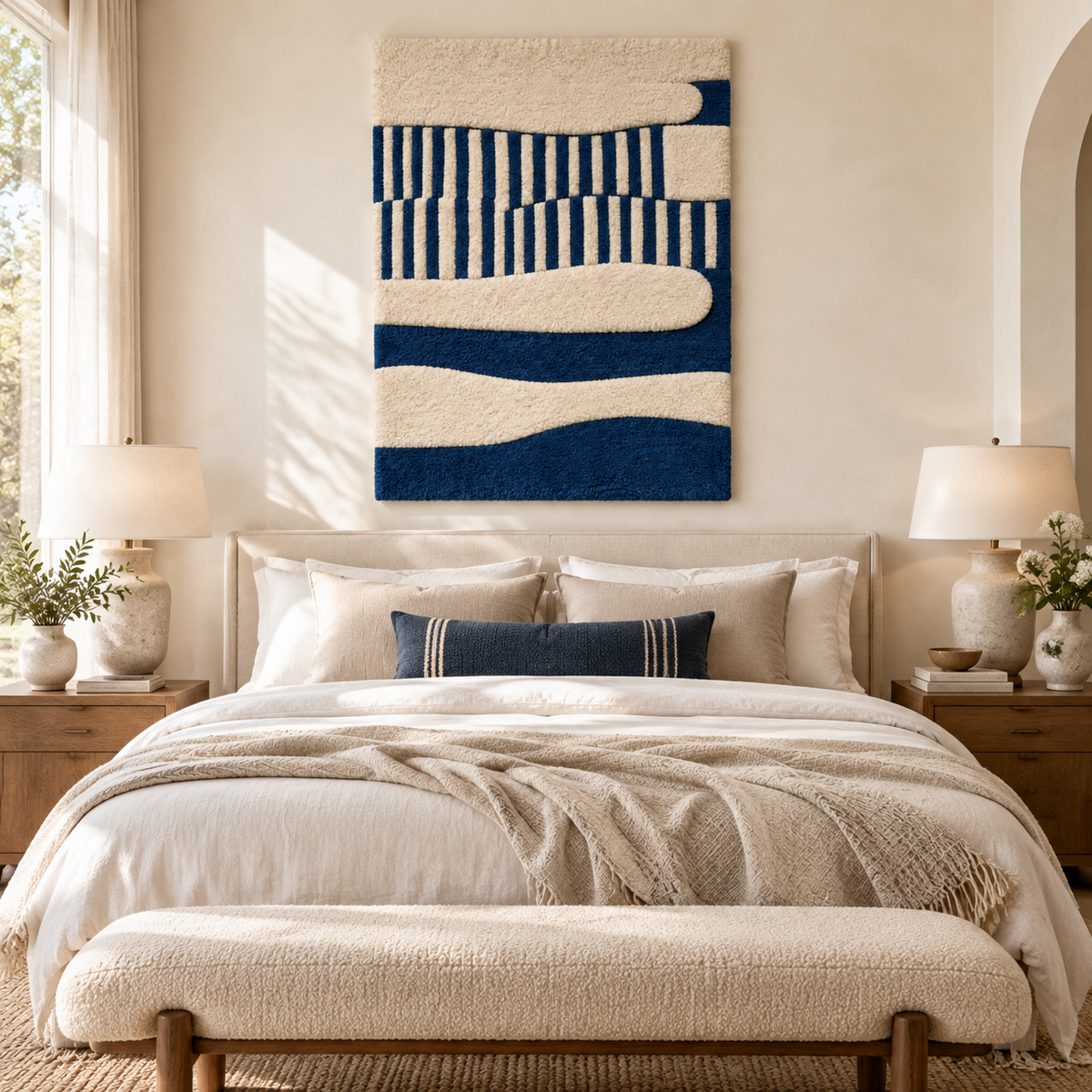 Hewn Earth wall art featuring indigo waves and ivory reeds displayed in a modern room setting.