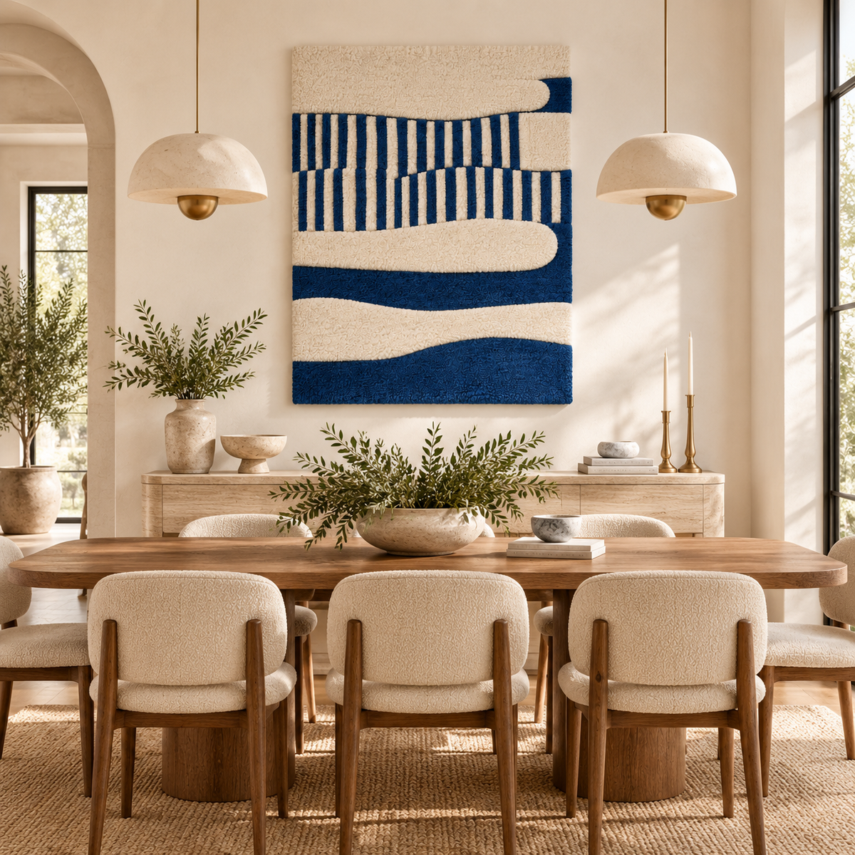Hewn Earth wall art featuring indigo waves and ivory reeds, displayed in a stylish room scene with modern decor.