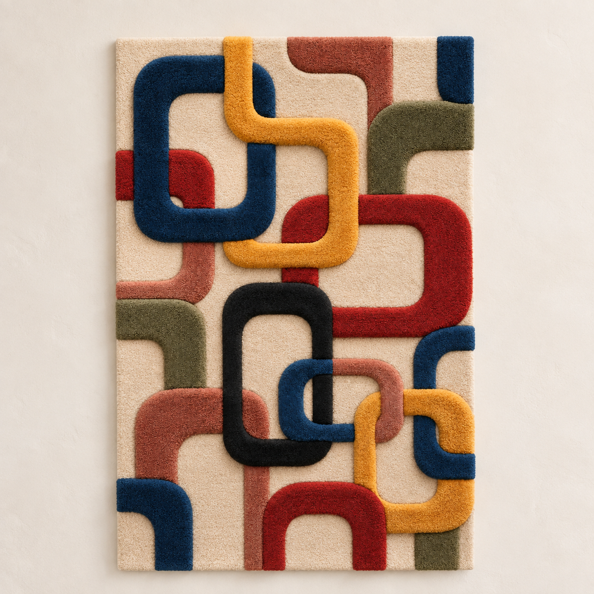Hewn Earth Interlocking Color Routes wall art featuring vibrant, geometric interlocking shapes on a light background.