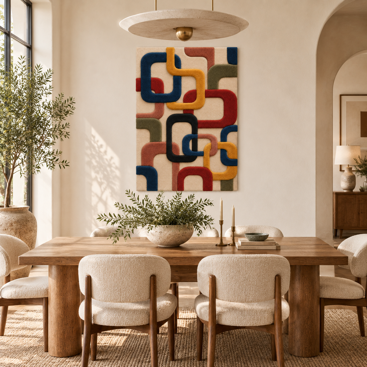 Hewn Earth Interlocking Color Routes wall art hanging on a modern living room wall, featuring vibrant geometric interlocking shapes.