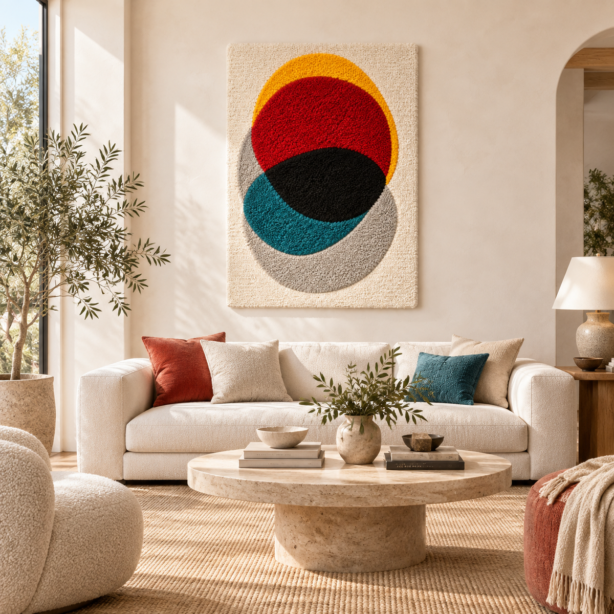 Hewn Earth Intersecting Solar Orbits wall art featuring intersecting circular designs in a modern, abstract style for room decor.