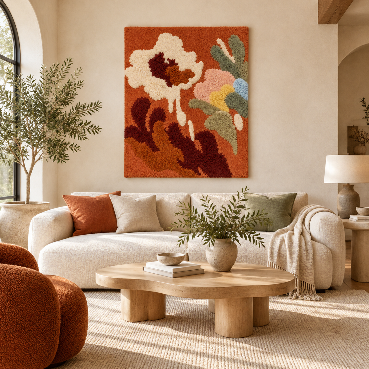 Ivory Bloom on Clay — front-facing room scene