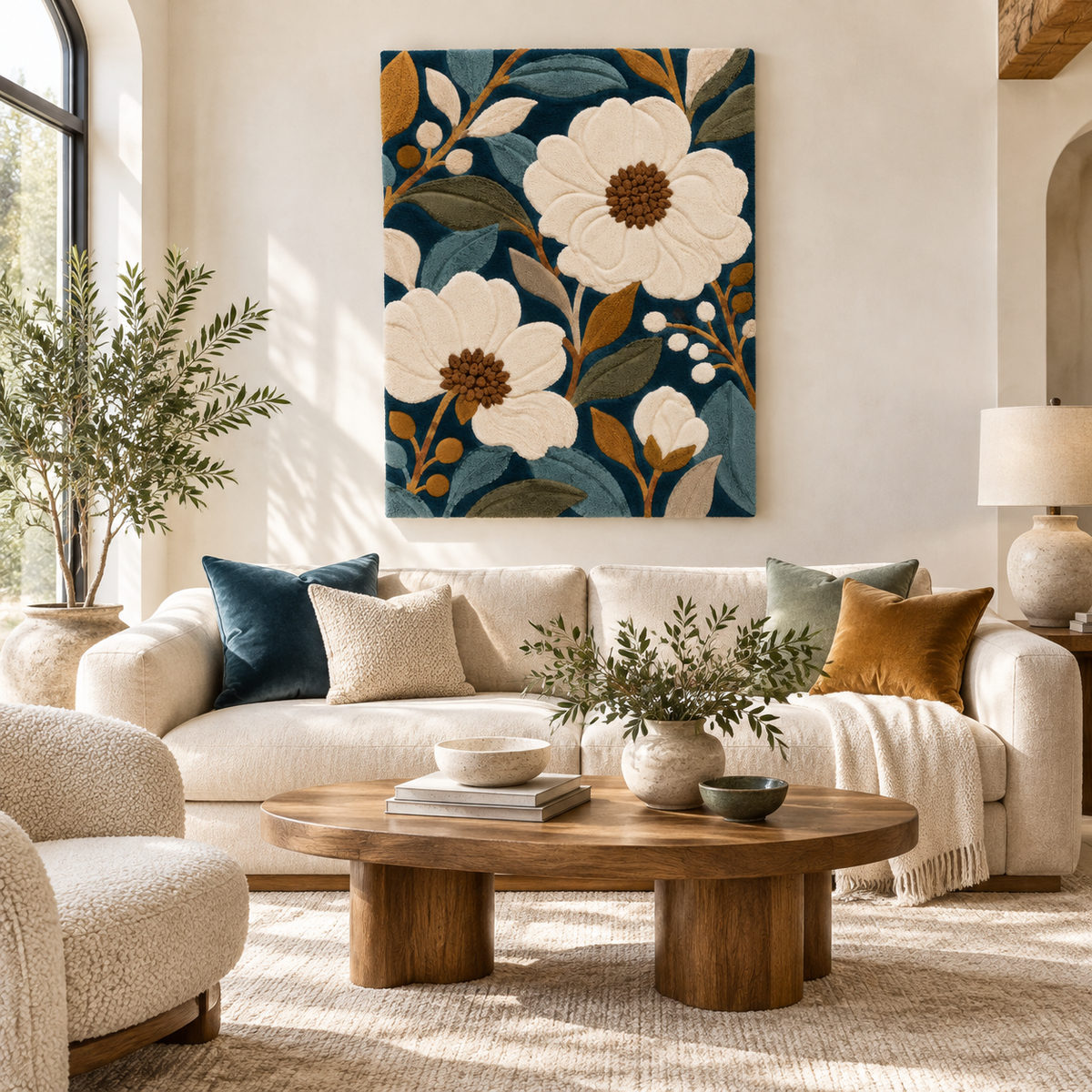 Ivory wall art featuring blooming flowers in a night garden scene by Hewn Earth, ideal for bedroom or living room decor