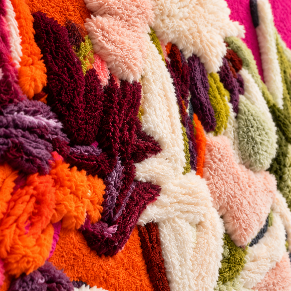 Ivory Blooms on Fuchsia — tufted wool texture detail