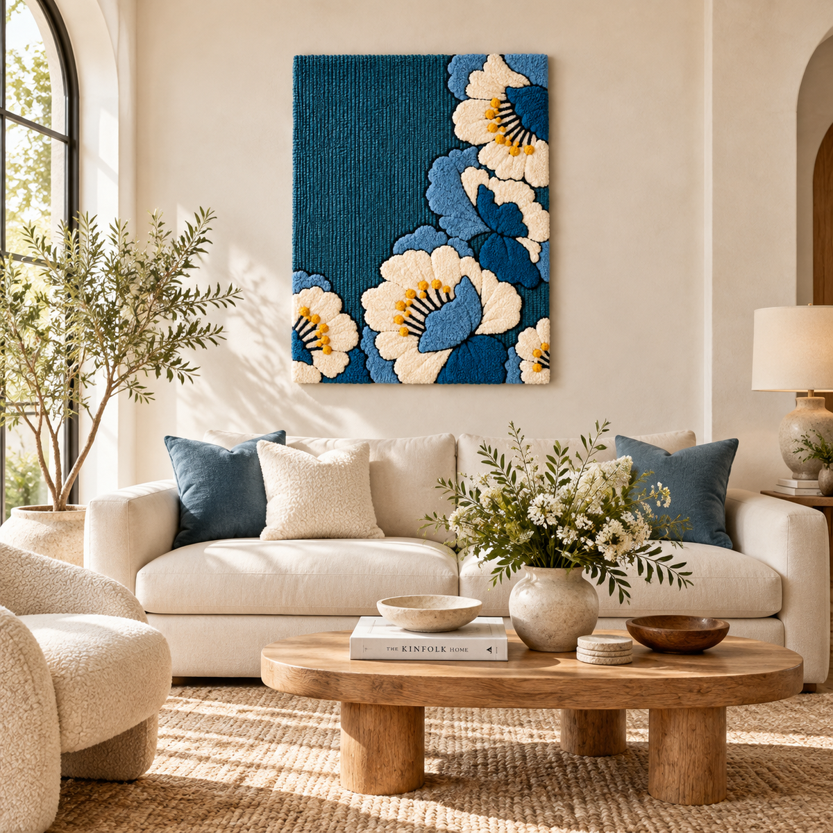 Ivory Blossoms on Deep Blue — front-facing room scene [room-front]