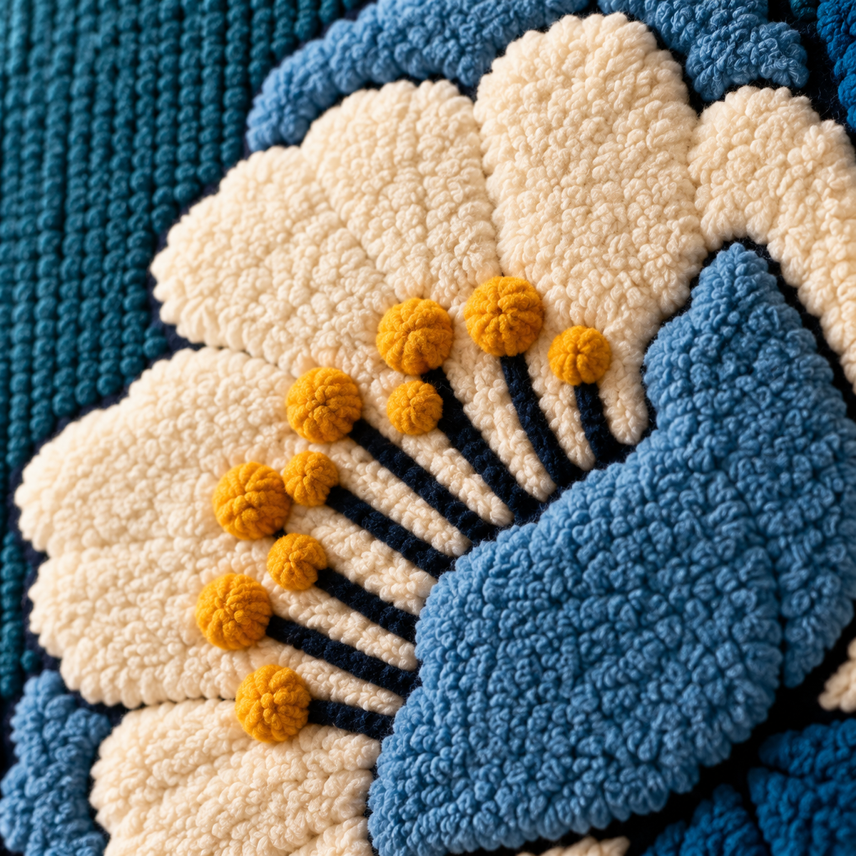 Ivory Blossoms on Deep Blue — tufted wool texture detail