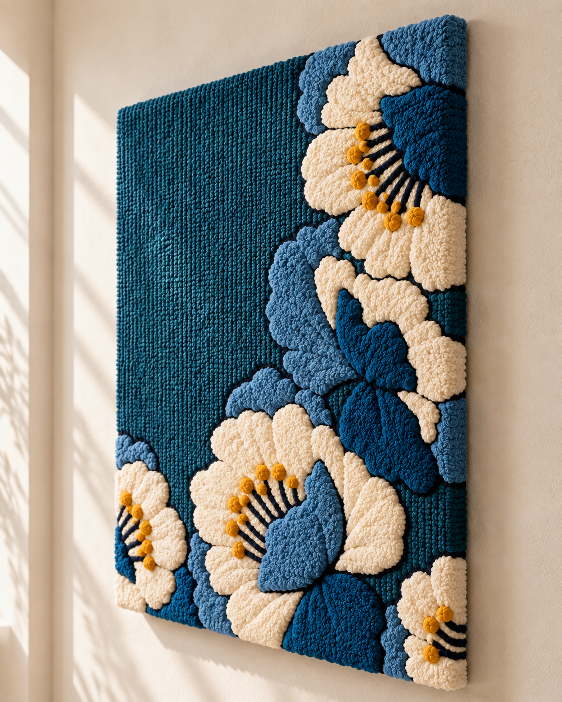 Ivory Blossoms on Deep Blue — angled relief view