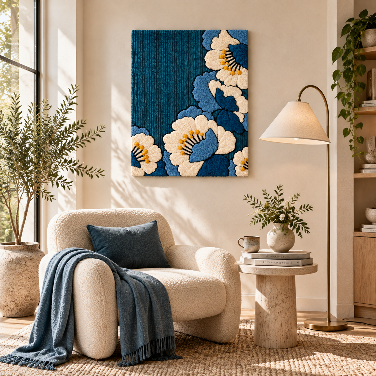 Ivory Blossoms on Deep Blue — room setting