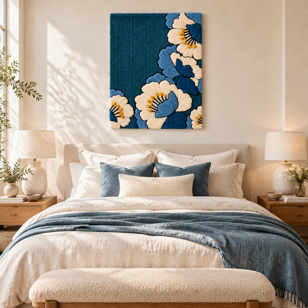 Ivory Blossoms on Deep Blue — room setting