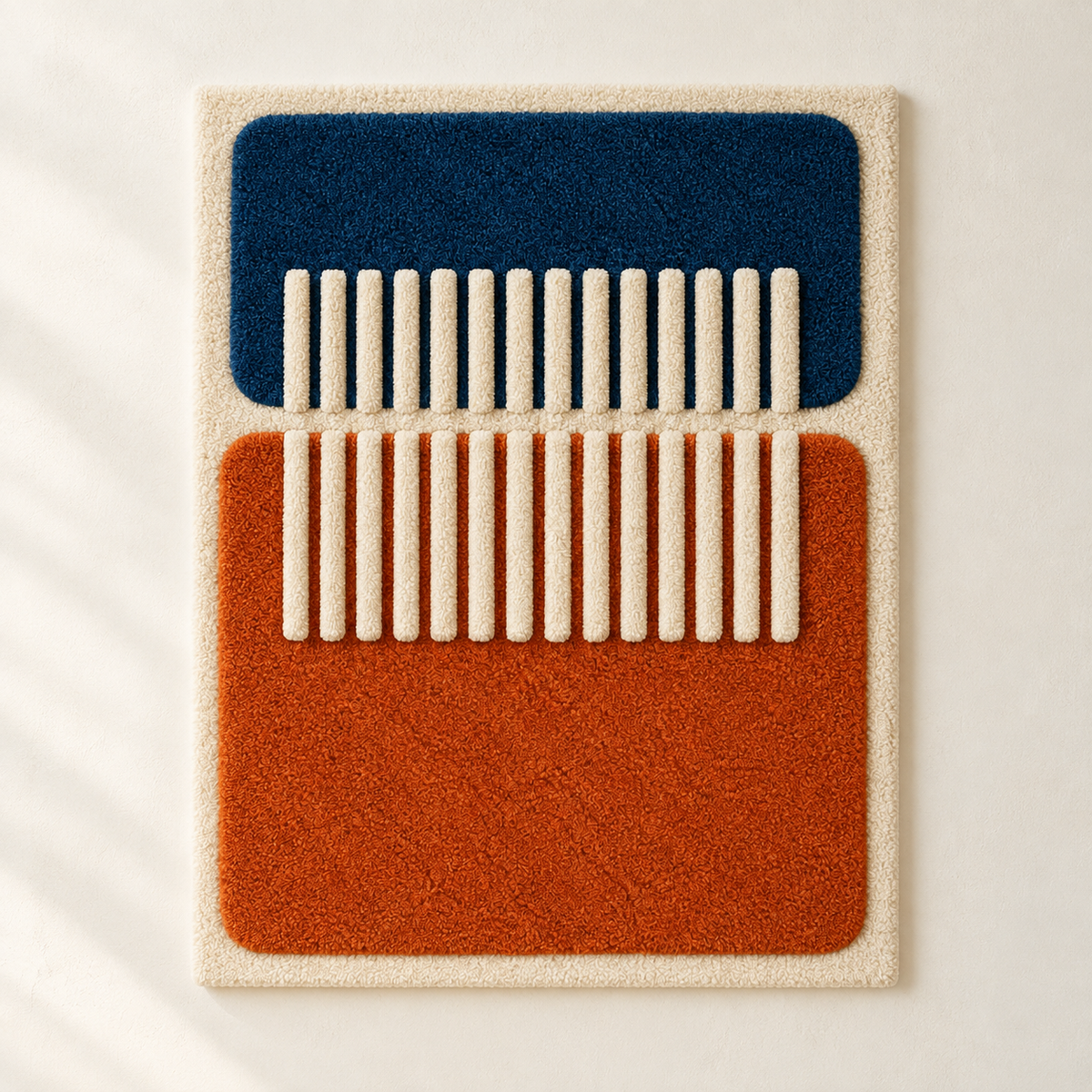 Hewn Earth wall art featuring an ivory bridge over blue and rust tones, showcasing natural landscape and artistic design.