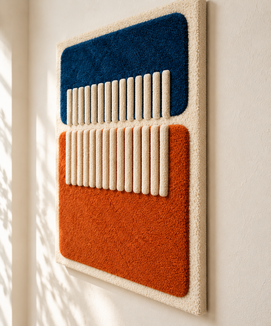 Hewn Earth wall art featuring an ivory bridge over blue and rust-toned landscape, viewed from an angled perspective.