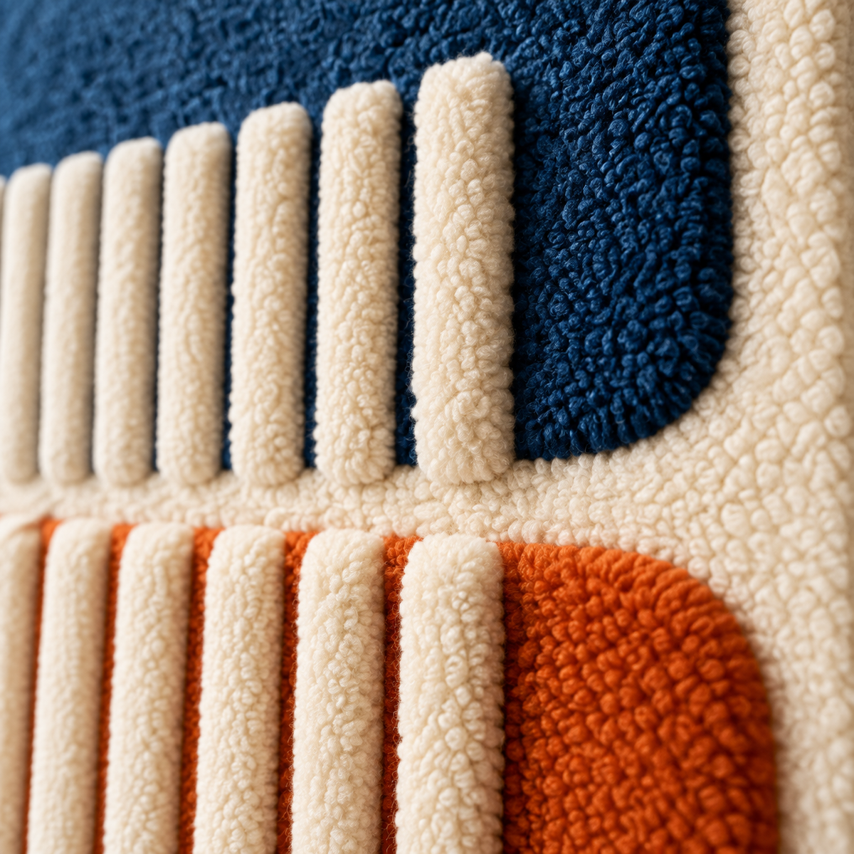 Close-up of Hewn Earth ivory wall art featuring a bridge over blue and rust tones with textured details.