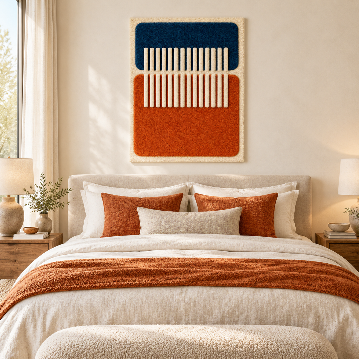 Hewn Earth wall art featuring an ivory bridge over blue and rust tones, displayed in a modern room setting.