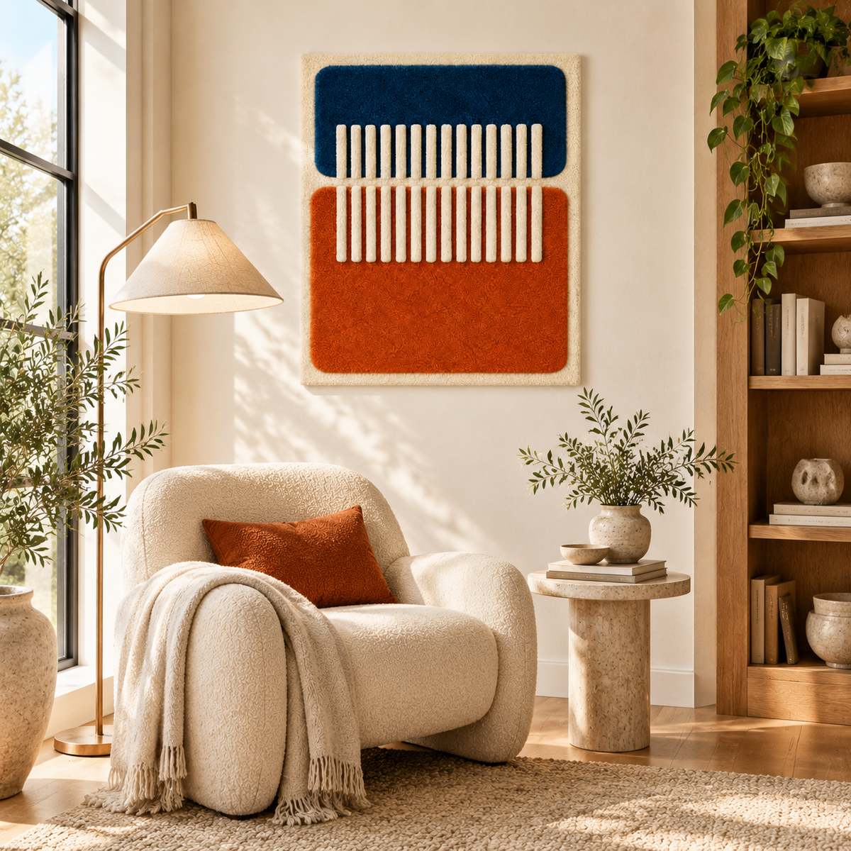 Hewn Earth wall art featuring an ivory bridge over blue and rust tones, suitable for modern interior decor.