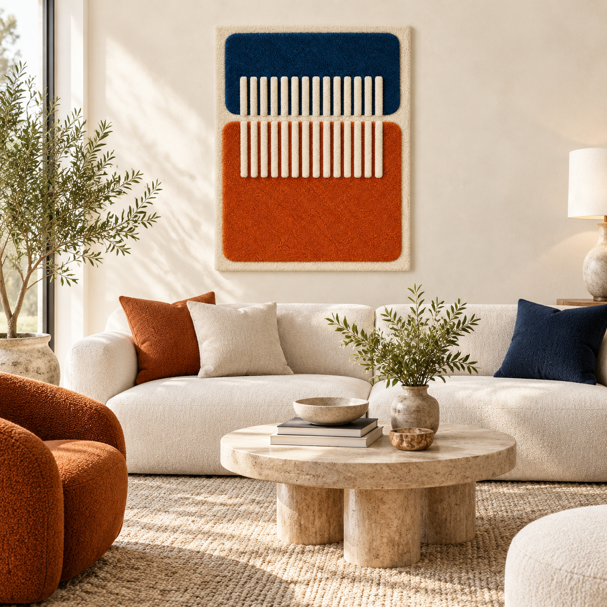 Hewn Earth wall art featuring an ivory bridge over blue and rust tones, ideal for modern interior decor.