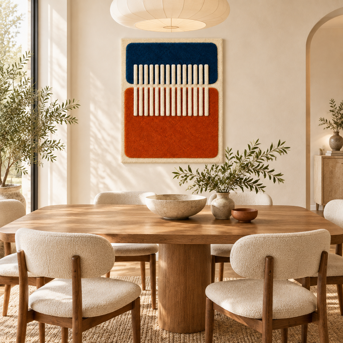Hewn Earth wall art featuring an ivory bridge over blue and rust tones, displayed in a modern room setting.