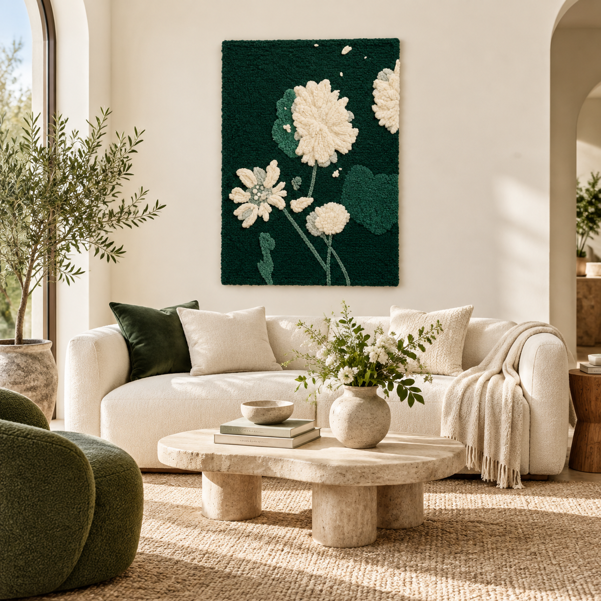 Ivory Chrysanthemums at Night — front-facing room scene