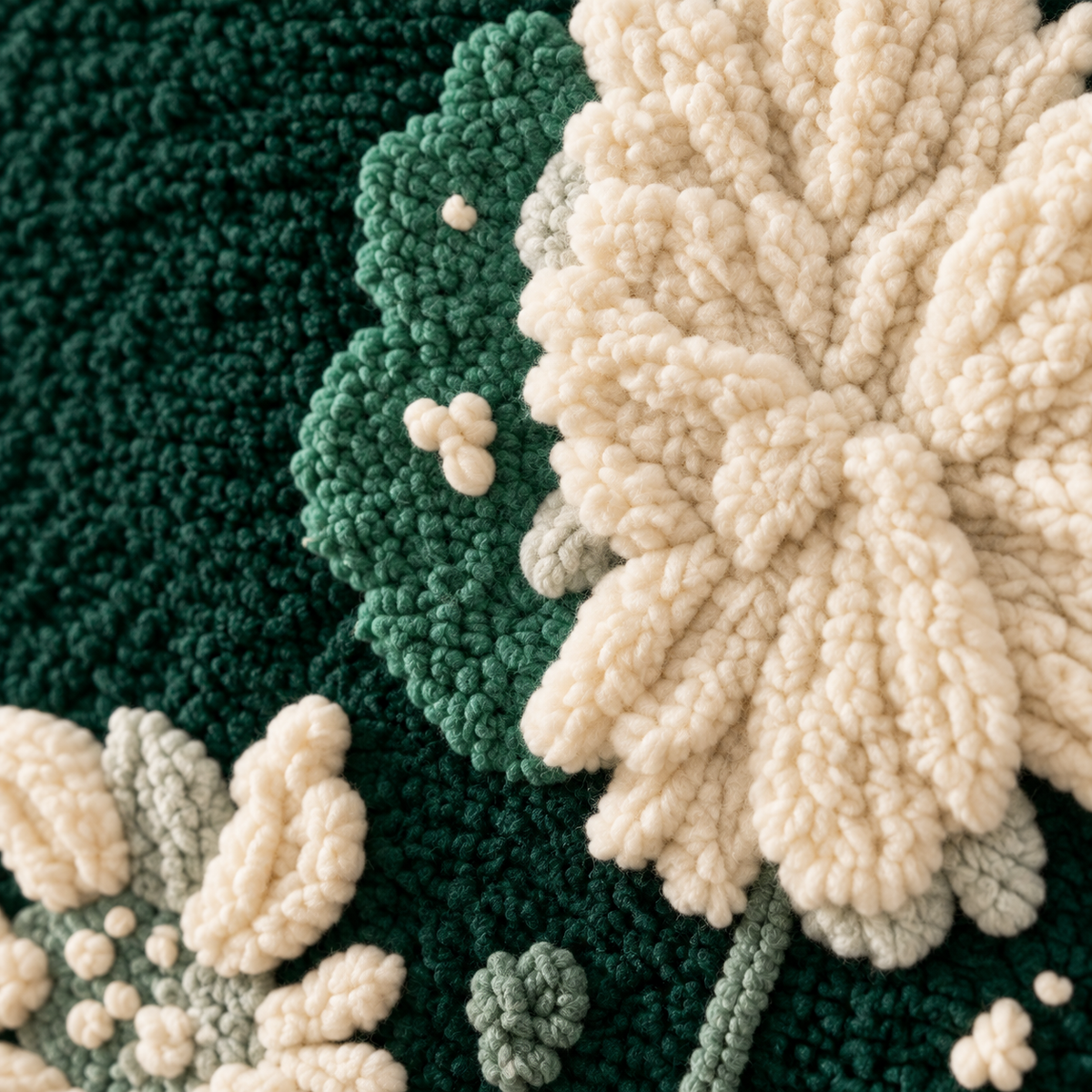 Ivory Chrysanthemums at Night — tufted wool texture detail