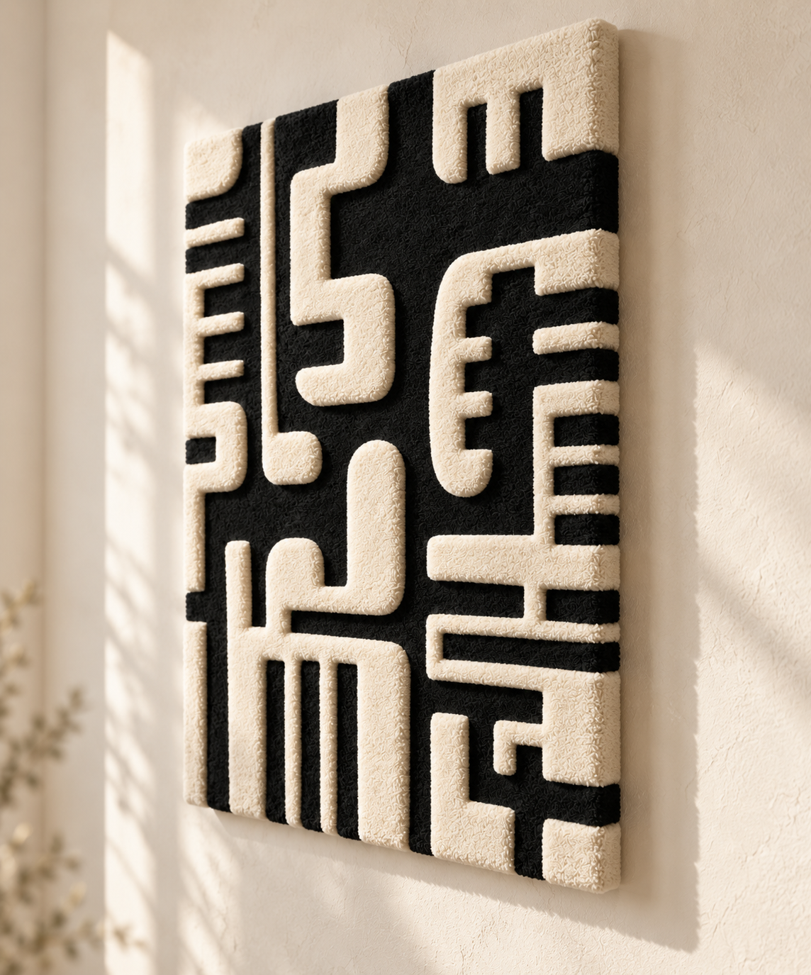 Ivory Circuit Labyrinth wall art by Hewn Earth, showcasing intricate geometric circuit patterns on a light ivory background.