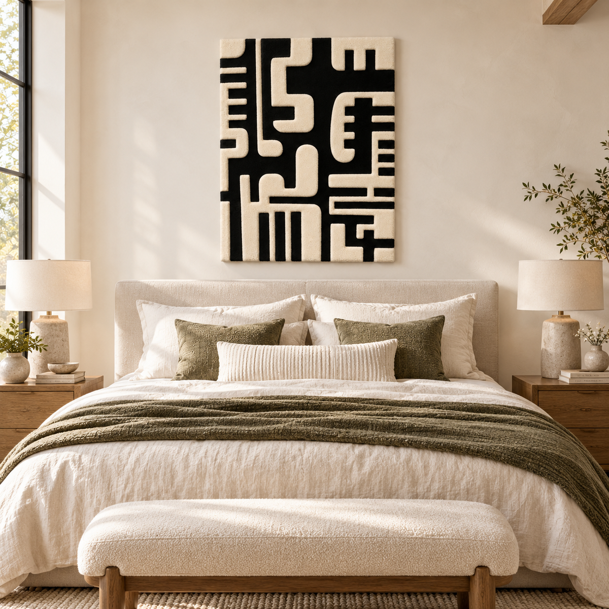 Ivory Circuit Labyrinth wall art by Hewn Earth, featuring intricate geometric circuit patterns on an ivory background.