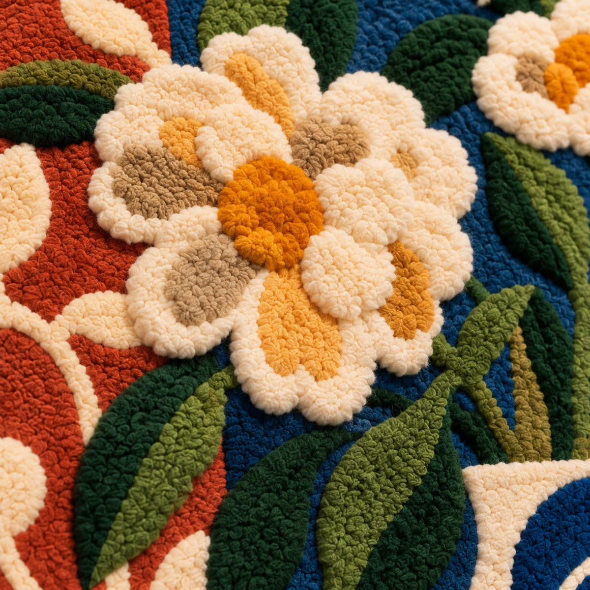 Ivory Daisies in Cobalt — tufted wool texture detail