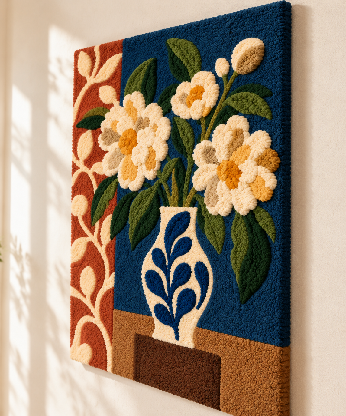 Ivory Daisies in Cobalt — angled relief view
