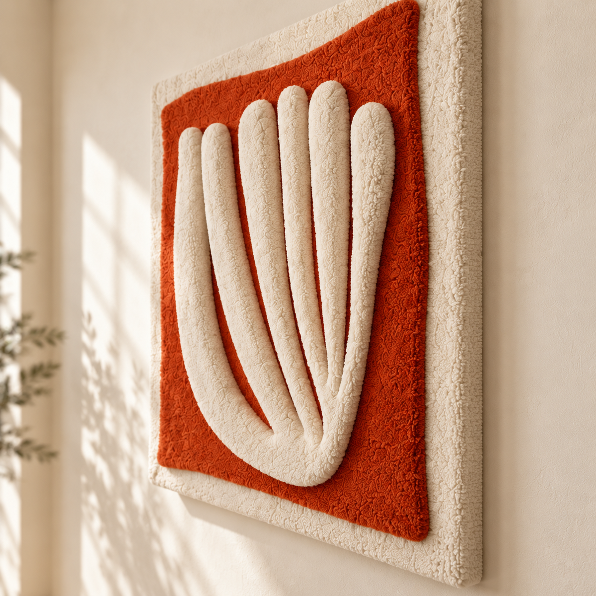 Ivory wall art featuring a fan design displayed on a clay field background, by Hewn Earth.