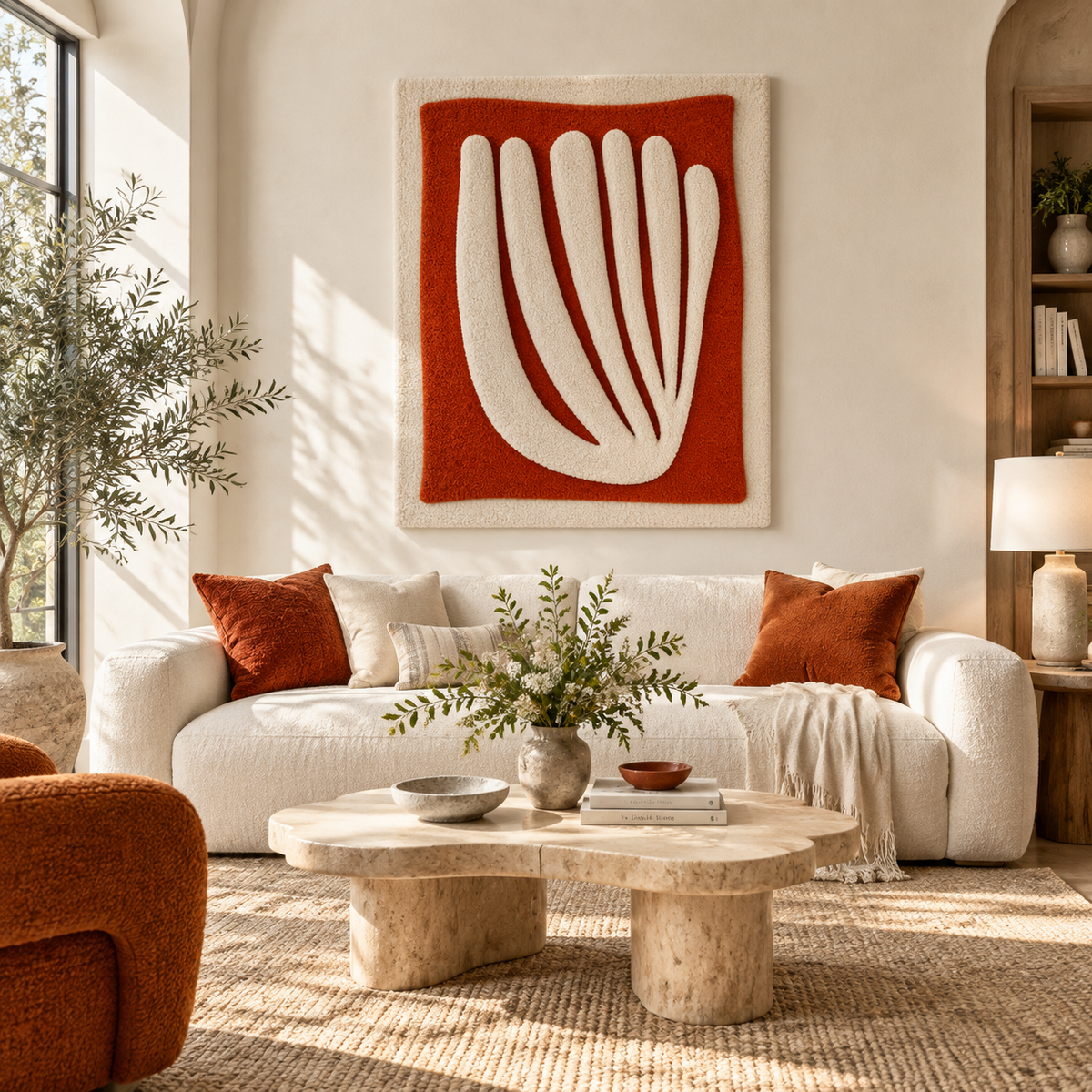 Hewn Earth ivory wall art featuring a fan design displayed on a clay field background, ideal for a stylish room decor.